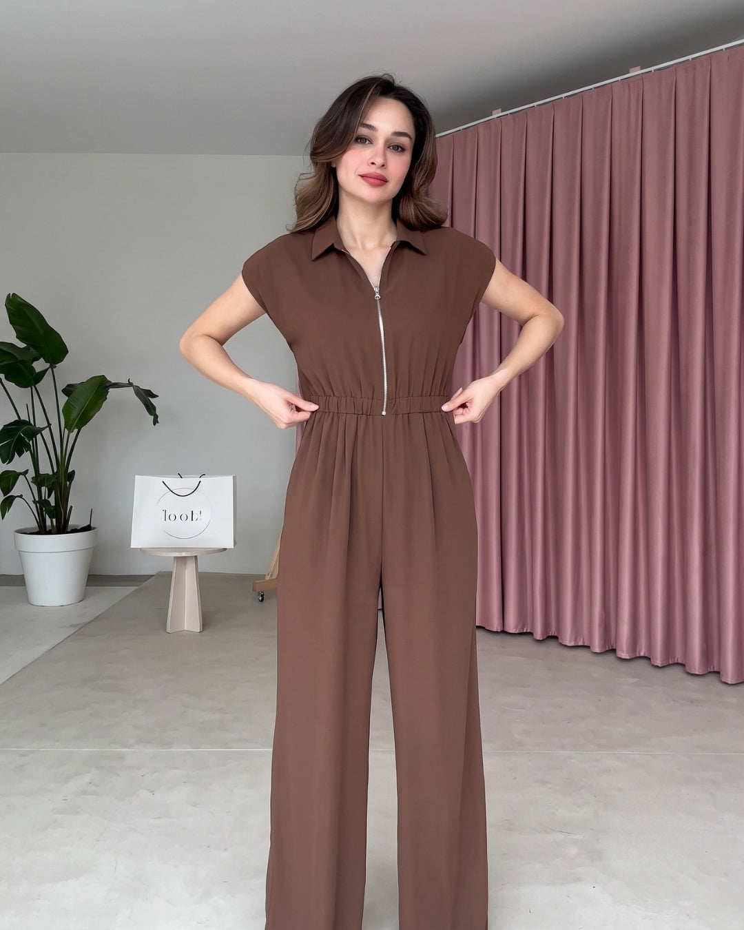 Yarelle - Elegant Brown Wide Leg Zip Jumpsuit