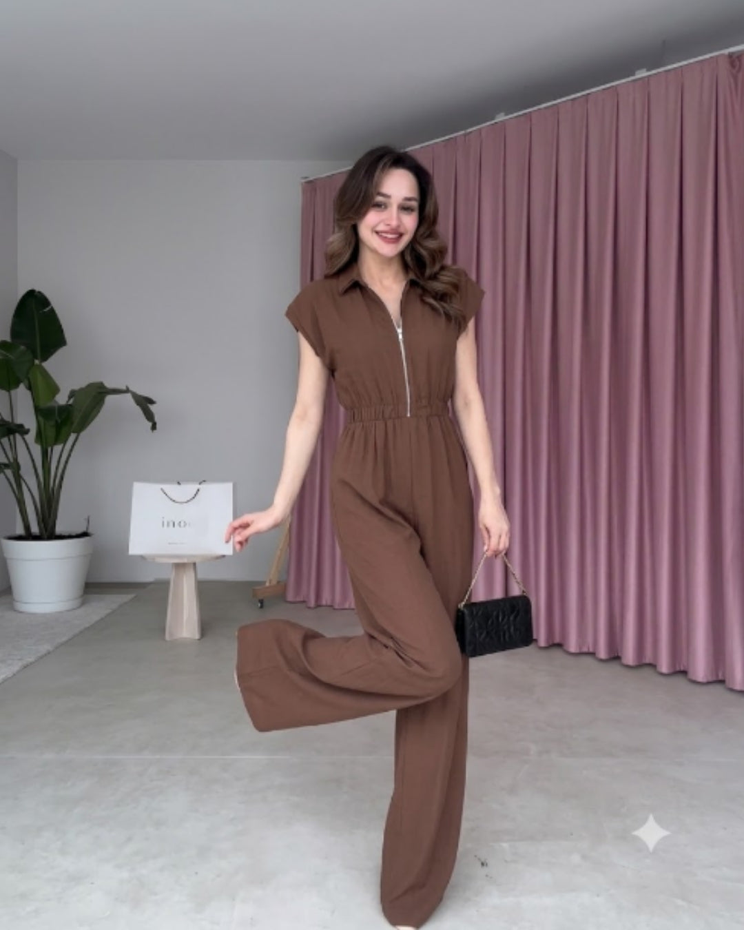 Yarelle - Elegant Brown Wide Leg Zip Jumpsuit