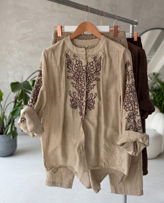 Varn - Sand Embroidered Relaxed Viscose Co Ord Set