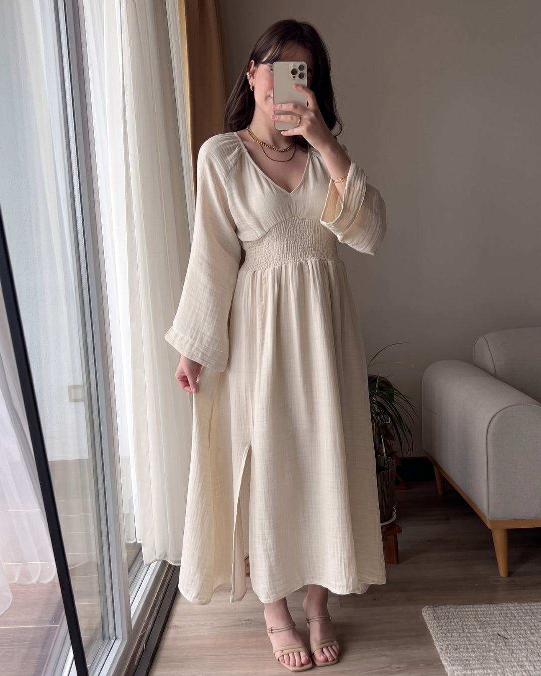 Riyana - Cream Soft Cotton Smocked Flowy Maxi Dress