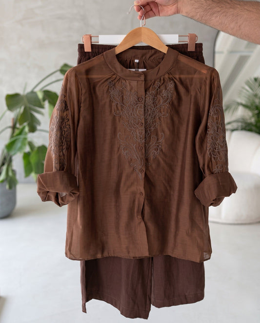 Varn - Mocha Embroidered Relaxed Viscose Co Ord Set