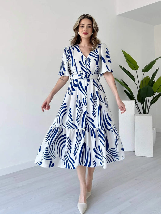 Zarli Blue Linen Dress for Women | Button Front Belted Midi | Casual Summer Linen Dress