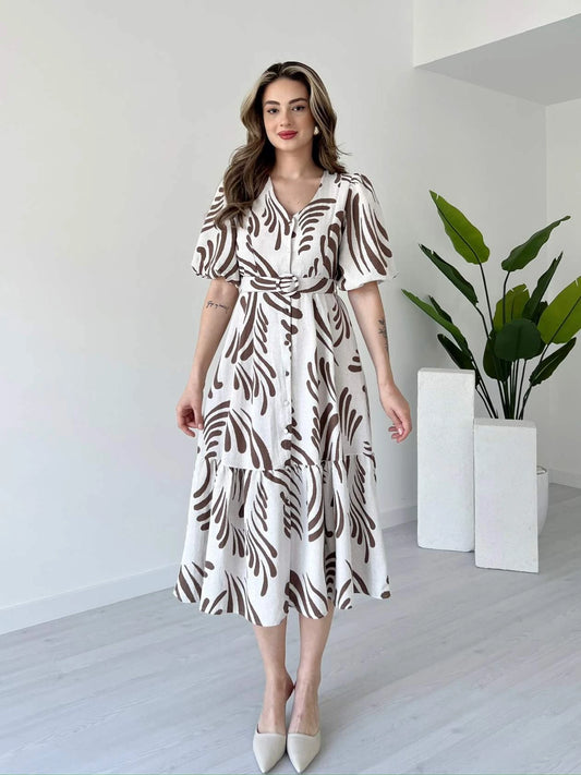 Zarli Brown Linen Dress for Women | Button Front Belted Midi | Casual Summer Linen Dress