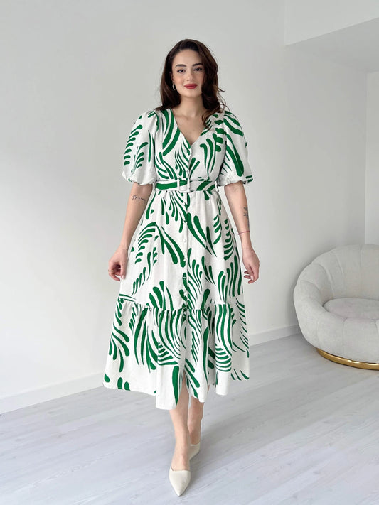 Zarli Green Linen Dress for Women | Button Front Belted Midi | Casual Summer Linen Dress