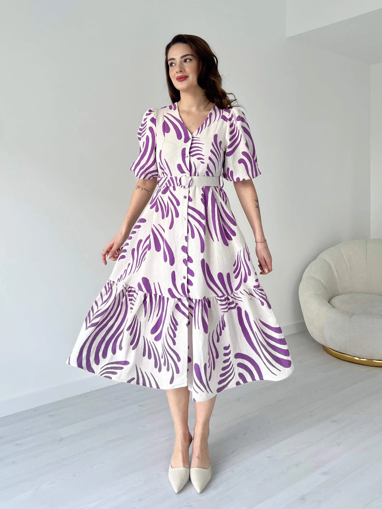 Zarli Purple Linen Dress for Women | Button Front Belted Midi | Casual Summer Linen Dress