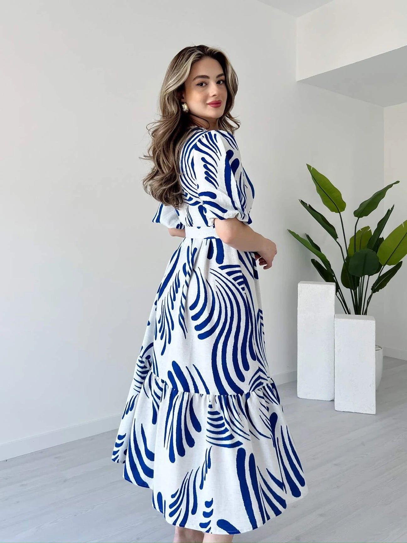 Zarli Blue Linen Dress for Women | Button Front Belted Midi | Casual Summer Linen Dress