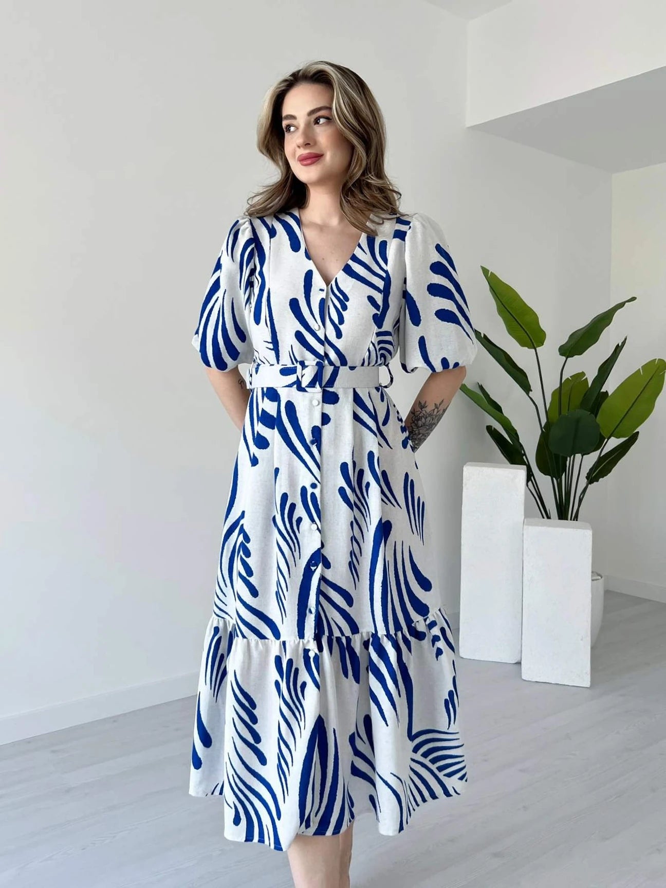 Zarli Blue Linen Dress for Women | Button Front Belted Midi | Casual Summer Linen Dress