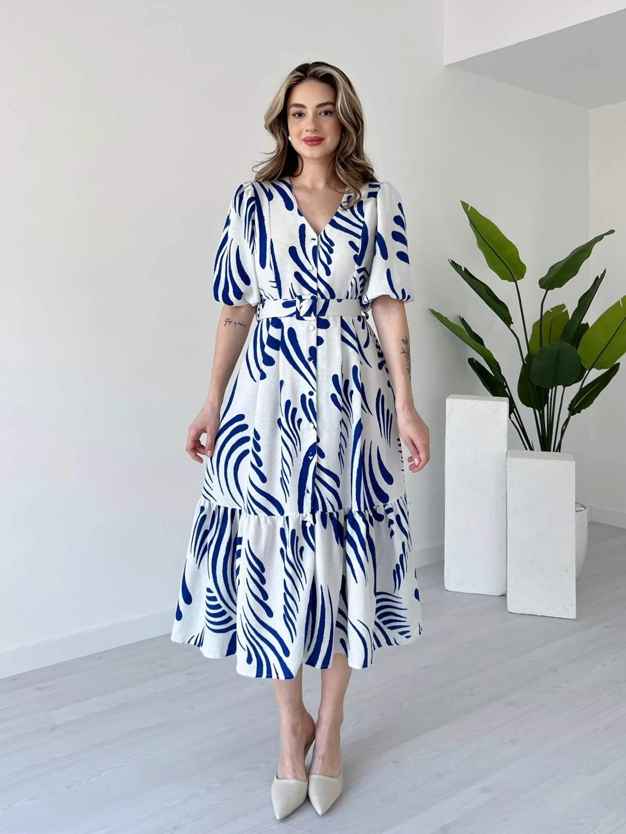 Zarli Blue Linen Dress for Women | Button Front Belted Midi | Casual Summer Linen Dress