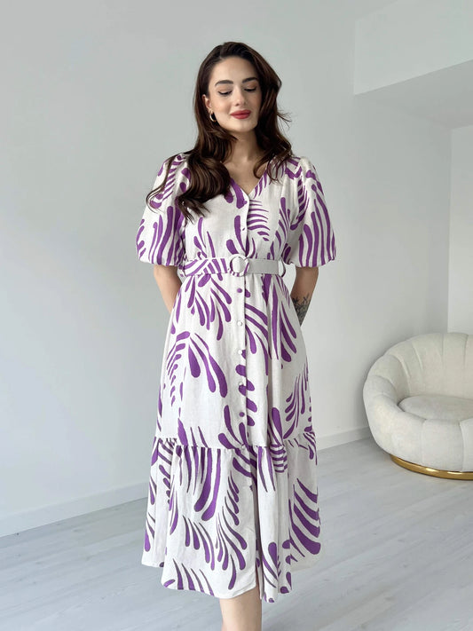 Zarli Purple Linen Dress for Women | Button Front Belted Midi | Casual Summer Linen Dress