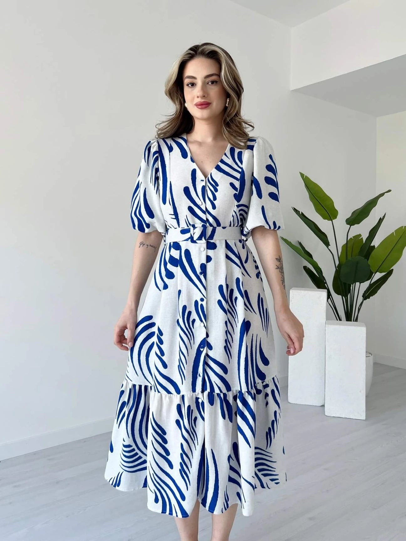 Zarli Blue Linen Dress for Women | Button Front Belted Midi | Casual Summer Linen Dress