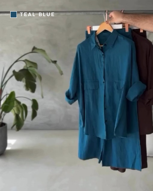 Noorvika - Women's  Cotton-Rayon Co-Ord Set - Teal Blue
