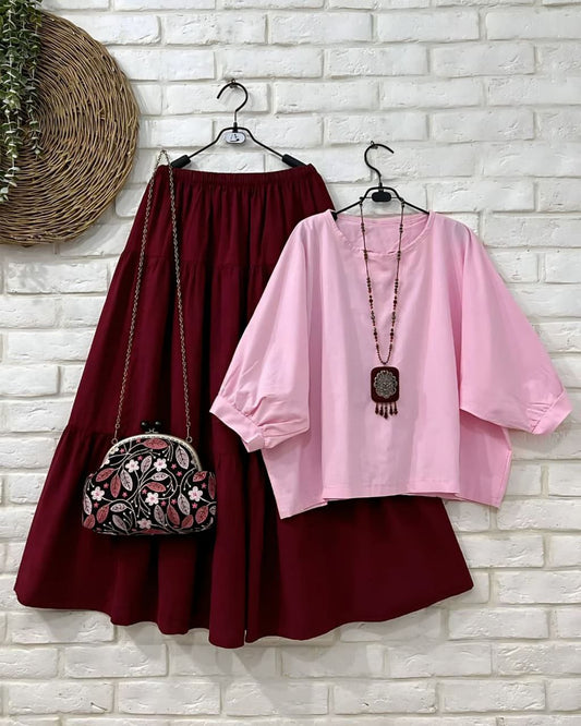 Blush Pink Balloon Sleeve Top & Maroon Maxi Skirt Co-ord Set