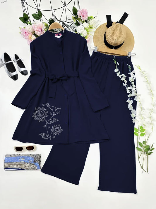 Navy Blue Diamond Work Kurti with Belt & Palazzo Co-ord Set