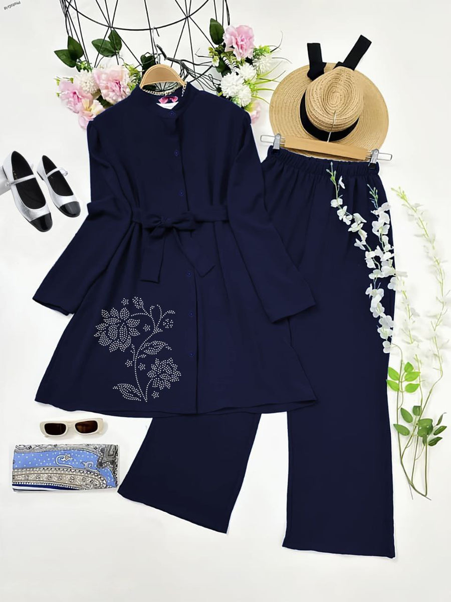 Navy Blue Diamond Work Kurti with Belt & Palazzo Co-ord Set