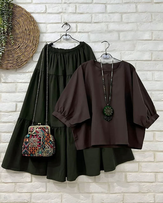 Chocolate Brown Balloon Sleeve Top & Dark Olive Flared Maxi Skirt Co-ord Set
