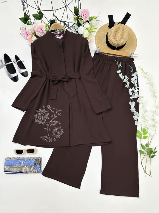 Chocolate Brown Diamond Work Kurti with Belt & Palazzo Co-ord Set