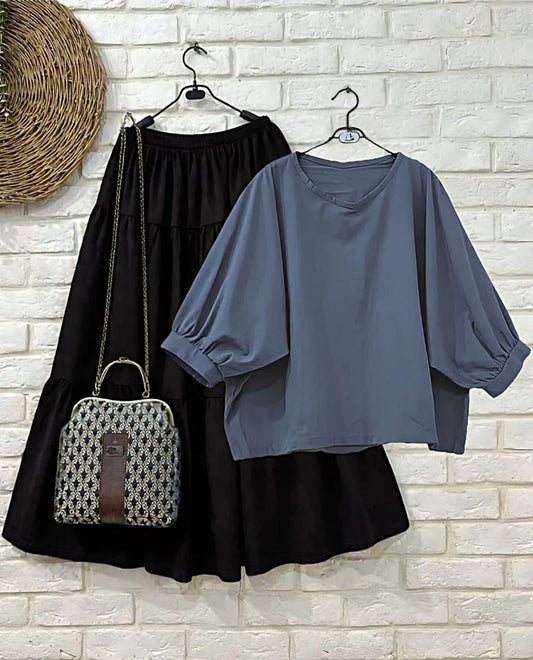 Steel Grey Balloon Sleeve Top & Black Flared Maxi Skirt Co-ord Set