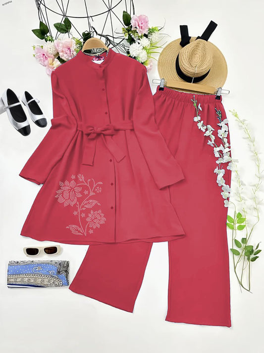 Ruby Red Diamond Work Kurti with Belt & Palazzo Co-ord Set