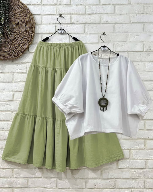 White Balloon Sleeve Top & Pastel Green Flared Maxi Skirt Co-ord Set