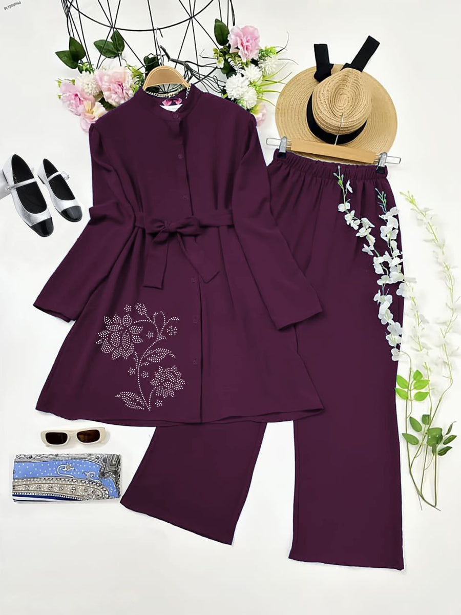 Plum Purple Diamond Work Kurti with Belt & Palazzo Co-ord Set