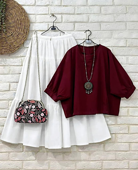 Maroon Balloon Sleeve Top & White Flared Maxi Skirt Co-ord Set