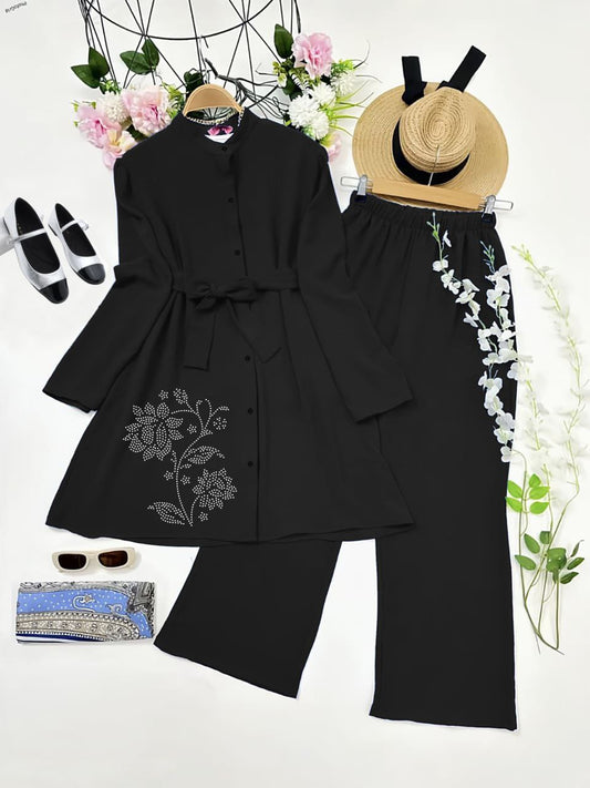Classic Black Diamond Work Kurti with Belt & Palazzo Co-ord Set