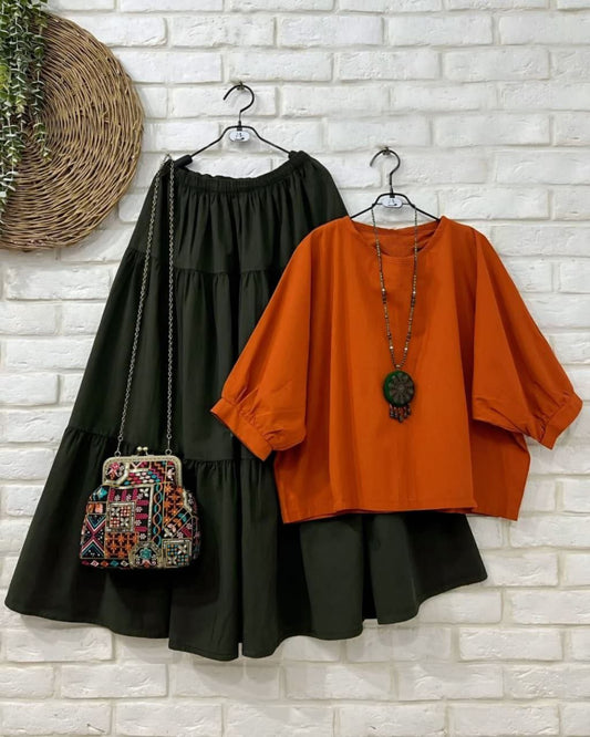 Rust Orange Balloon Sleeve Top & Dark Green Flared Maxi Skirt Co-ord Set