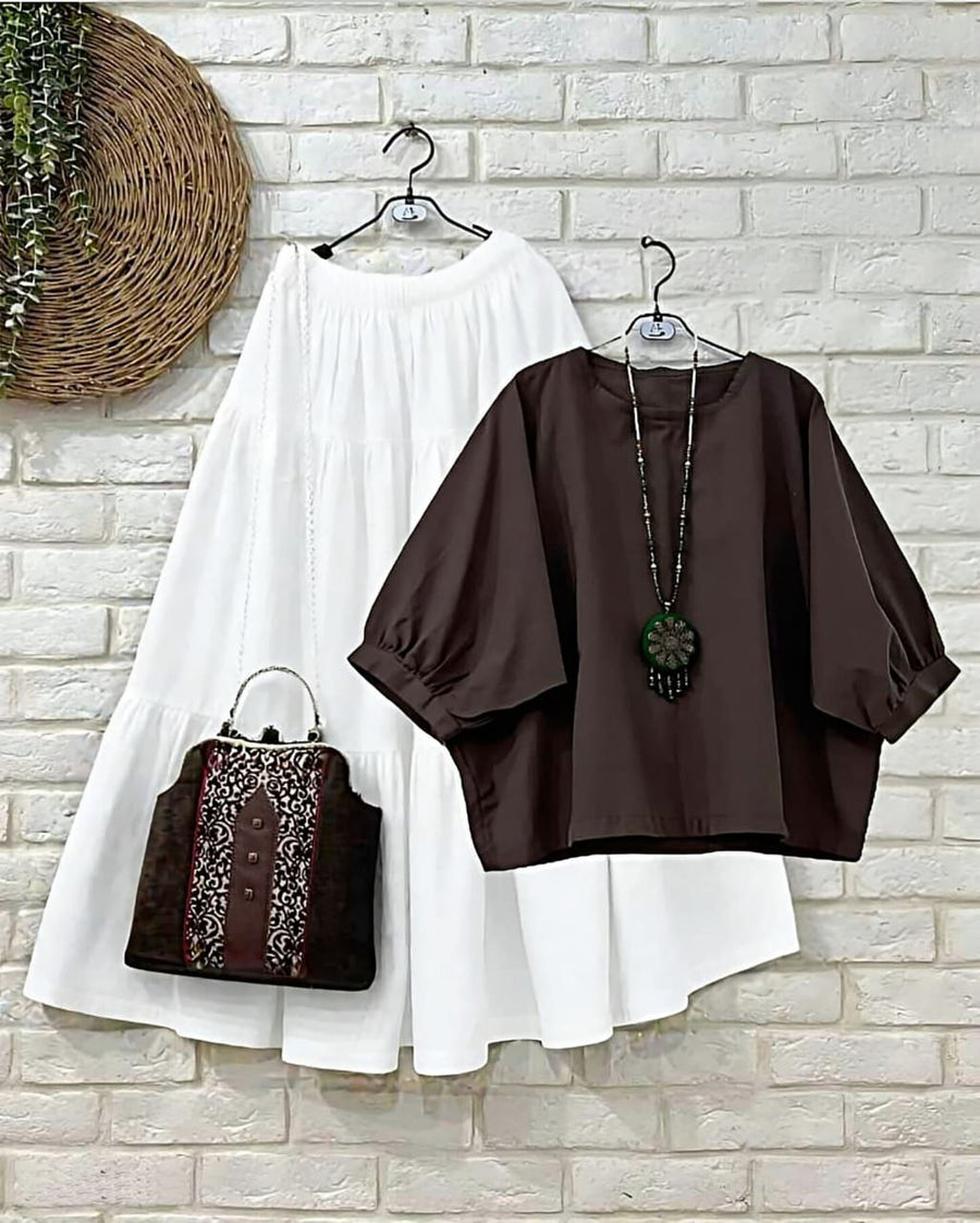 Chocolate Brown Balloon Sleeve Top & White Flared Maxi Skirt Co-ord Set